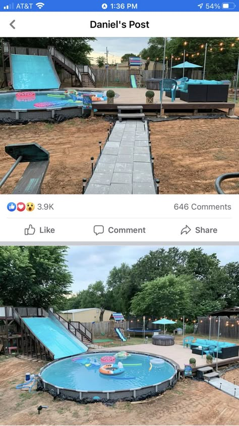 Country Outdoor Pool Area, Backyard Pool And Trampoline, Recreational Backyard Ideas, Hidden Above Ground Pool Ideas, Coolest Backyard Ideas, Moving Food Ideas, Small Backyard With Pool And Playground, Pool And Trampoline Backyard, Cute Pool Ideas