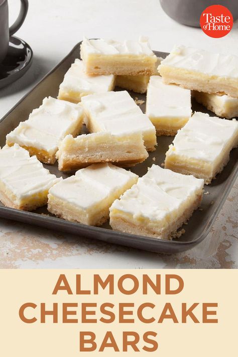 Toasted Almond Cheesecake, Almond Flavor Desserts, Almond Cream Cheese Bars, Almond Cake Bars, Almond Cheesecake Bars, Almond Bars With Frosting, Almond Paste Recipes Desserts, Almond Flavored Desserts, Almond Shortbread Bars