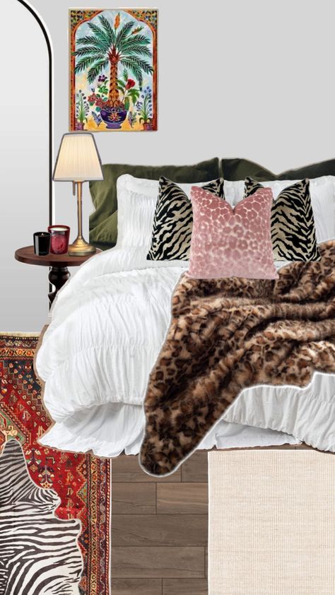 animal print room idea leopard zebra green red pink throw blanket white bed sheets duvet cover Leopard Duvet Cover, Bedroom Shuffles, Animal Print Room, Leopard Bedroom, Leopard Bedding, Animal Print Rooms, White Bed Sheets, Pink Throw Blanket, White Throw Blanket