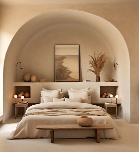 Would you stay here! Amazing villa, holiday resort, hotel, home, rich old money holiday Ideas, Holiday Villa Interior, Boho Hotel Design, Modern Mediterranean Bedroom Ideas, Modern Warm Home Aesthetic, Modern Bedroom Design Luxury Dream Homes, Mykonos Bedroom, Bali Aesthetic Villa, Bali Style Bedroom, Hotel Bedroom Ideas