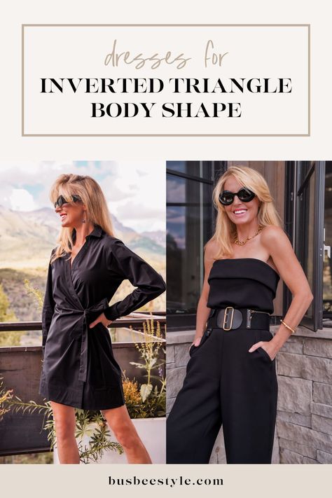 Discover the 10 most flattering dresses for the inverted triangle body shape! Learn how to enhance your figure and show off your best assets with the right styles. Knowing your body shape makes dressing and shopping a breeze. Embrace your unique silhouette today! #BodyShapeStyle #FlatteringDresses #InvertedTriangle Inverted Triangle Fall Outfits, Dresses Inverted Triangle, Inverted Triangle Dress Outfits, Inverse Triangle Body Shape Outfits, Dress For Inverted Triangle Body Shape, Upside Down Triangle Body Shape Outfits, Dresses For Inverted Triangle, Inverted Triangle Body Shape Fashion, Triangle Body Shape Fashion