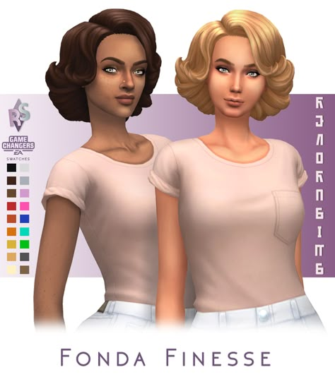 Public release; Fonda Finesse | Renorasims on Patreon Sims 4 Bgc, 1940 Hair, Sims4 Outfits, Body Presets, 1970s Hairstyles, Sims 4 Decades Challenge, Grease Hairstyles, 50s Hairstyles, Sims Clothes