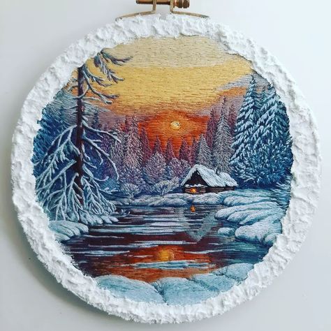 Embroidery Landscape, Polymer Clay Painting, Snow Effect, Unique Cross Stitch, Winter Embroidery, Landscape Pattern, Polymer Clay Gifts, Embroidery Wall Art, Art & Craft Paint