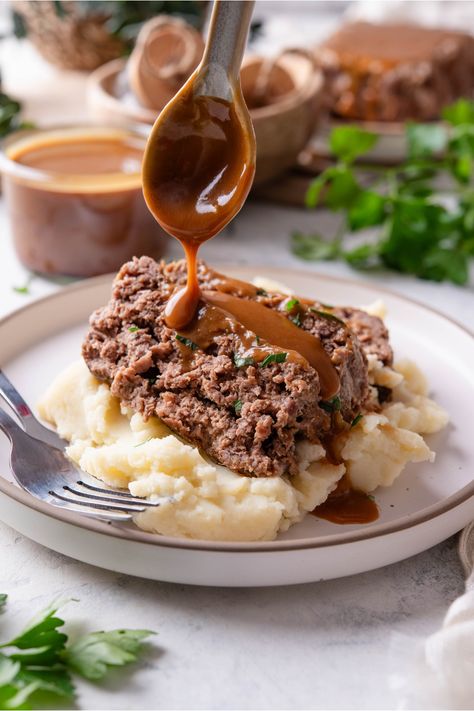 Meatloaf with Brown Gravy Meatloaf With Beef Gravy, Meatloaf And Brown Gravy, Meatloaf With Gravy Recipes, Meatloaf Recipes Brown Gravy, Meatloaf With Brown Gravy Recipes, Brown Gravy Meatloaf Recipes, Gravy Meatloaf Recipes, Turkey Meatloaf With Gravy, Saucy Meatloaf