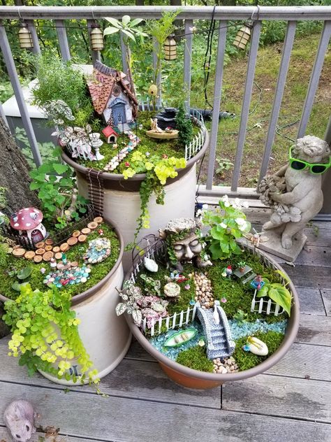 Fairy Balcony Ideas, Fairy Garden In Yard, Tiered Fairy Garden Ideas, Fairy Garden Arrangements, Fairy Garden Around A Tree, Balcony Fairy Garden, Cheap Fairy Garden Ideas, Diy Fairy Garden Ideas Outdoors Flower Pots, Tiny Fairy Garden Ideas