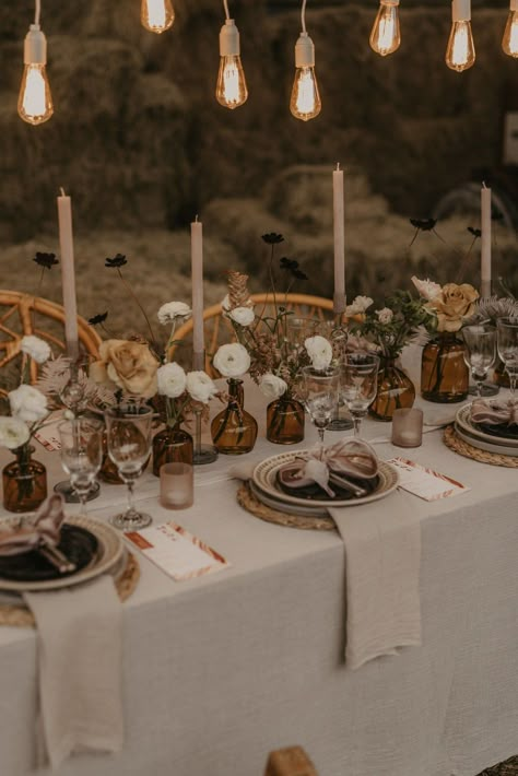 Edison bulbs and a bohemian bride make this the new-fashioned twist on the old-fashioned rustic barn wedding! Brown Wedding, Wedding 2025, Rustic Barn Wedding, Wedding Table Decorations, Wedding Table Settings, Wedding Mood Board, Wedding Mood, Rustic Wedding Decor, Rustic Barn