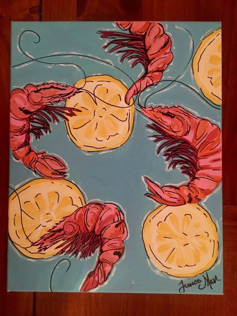 Shrimp and lemons acrylic canvas painting for kitchen Kitchen Painting Ideas Canvas Diy Art, Canvas Painting For Kitchen, Shrimp Painting, Painting For Kitchen, Book Painting, Acrylic Canvas Painting, Painting References, Kitchen Paint, Acrylic Canvas