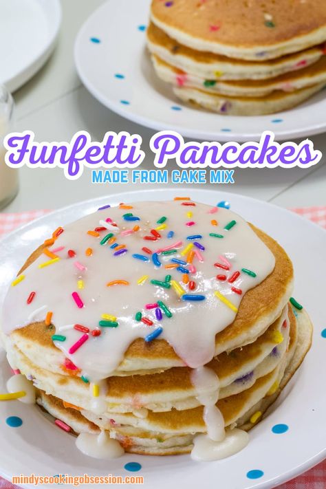 Icing For Pancakes, Funfetti Cake Mix Pancakes, Confetti Pancakes Easy, Funfetti Pancakes With Cake Mix Easy, Cake Mix Pancakes Recipe, Birthday Breakfast Cake, Pancake Cake Birthday, Birthday Pancakes For Kids, Pancakes Recipe Fluffy