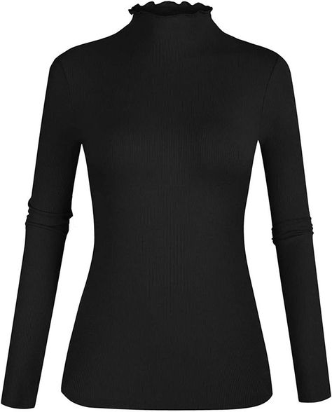 Women's lettuce trim turtle neck long sleeve Knit Tee Shirt, Fall Office Outfits, Elegant Style Women, Dark Academia Clothing, Layered Shirts, Mock Neck Long Sleeve, White Turtleneck, Ribbed Knit Top, Mock Neck Top