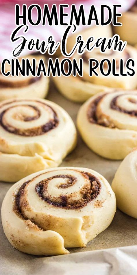 Old fashioned sour cream cinnamon rolls are soft and fluffy with a thick, gooey cinnamon filling and the creamiest, most buttery icing ever. Cinnamon Rolls With Sour Cream, Sour Cream Cinnamon Rolls, Vanilla Pudding Cinnamon Rolls, Sour Cream Recipes Baking, What To Make With Sour Cream, Recipes With Sour Cream, Cream Cinnamon Rolls, Christmas Morning Recipes, Holiday Brunch Recipes