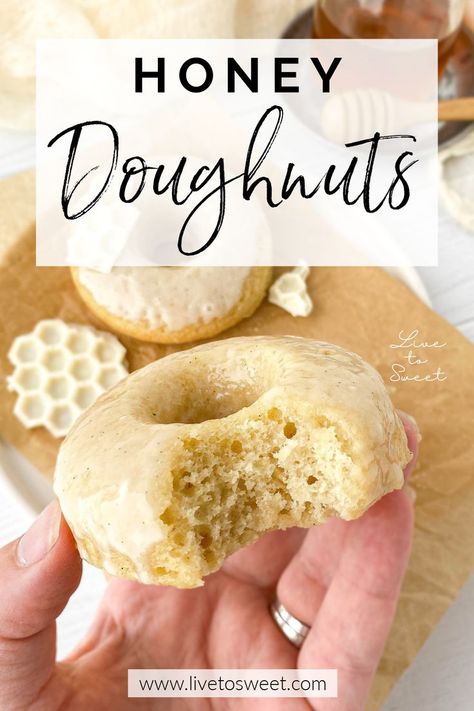 These Honey Doughnuts with Vanilla Honey Glaze are soft, fluffy baked honey doughnuts with a flavorful vanilla bean-honey glaze! Perfect for breakfast, brunch, or an afternoon pick-me-up! Honey Donuts Recipe, Honey Dipped Donut Recipe, Honey Doughnut, Honey Deserts, Desserts Made With Honey, Doughnut Glaze Recipe, Honey Dessert Recipes, Doughnut Flavors, Honey Donut