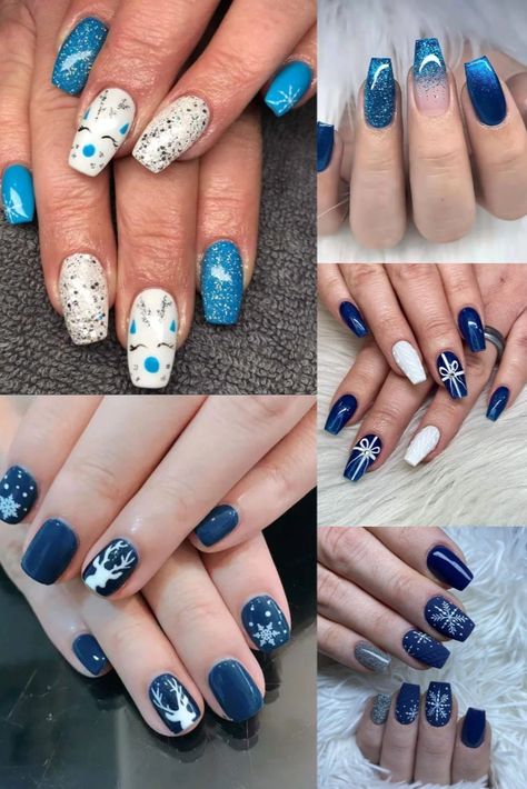 Get in the holiday spirit with these gorgeous blue Christmas nail designs! From icy blue bases with silver snowflakes to dark navy ombré fade tips, these wintry mani ideas are totally sleek yet cheerful. Check out frosty light blue nails with white snowcapped French tips, reindeer & trees nail art, sweater textures, bow accents and more jolly styles to try this season! Matte Blue Christmas Nails, Winter Nails Blue And Silver, Light Blue Nails With Design Winter, Blue Nail Christmas Design, Christmas Snowflake Nail Designs, Blue Winter Nail Designs Snowflakes, Dark Blue Holiday Nails, Blue December Nails, Light Blue Winter Nails Acrylic