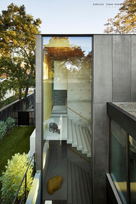 A 30ft by 10ft continuous pane of glass runs alongside the grand stairwell with a concrete core and floating stone steps, connecting the three levels of the house. This dramatic moment in the sequence of progressing through the house helps visitors feel connected to the lush landscape outside... Waverley | Palo Alto | California | Ehrlich Yanai Rhee Chaney Architects Metal Facade, Glass Walls, Silicon Valley, Futuristic Architecture, Steve Jobs, Residential Architecture, Future House, Art And Architecture, Modern House Design