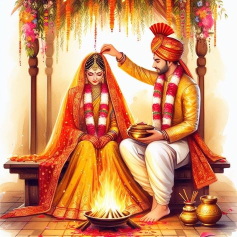 Wedding Art Painting, Bride Fashion Photography, Bride Fashion Illustration, Couple Illustration Wedding, Millions Of Followers, Wedding Couple Cartoon, Digital Wedding Invitations Design, Wedding Card Design Indian, Twin Flame Art