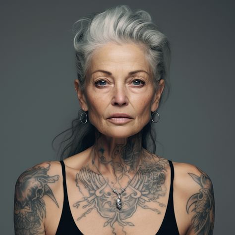 Older Goth Women, Goth Symbols, Tattoo Grandma, Older Women With Tattoos, Unbelievable Tattoos, Tattoos Meaningful, Silver Haired Beauties, Women Tattoos, Tattoed Women