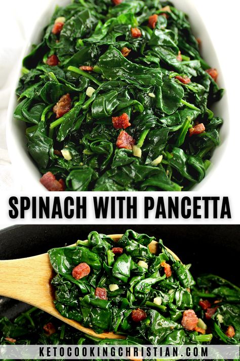 This quick and easy Sautéed Spinach with Pancetta is a savory, flavorful and incredibly nutritious Keto side dish that's ready in under 15 minutes. #spinachrecipe #ketospinach #lowcarbspinachrecipe Sauteed Spinach With Bacon, Keto Beginner, Keto Side Dish, Hot Bacon Dressing, Spinach Healthy, Good Keto Snacks, Beginner Recipes, Keto Side, Roasted Walnuts