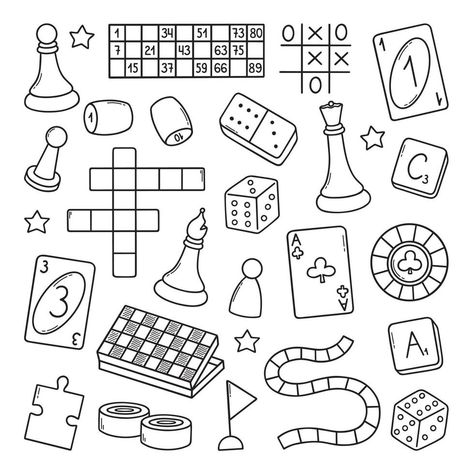 Gaming Doodle Art, Board Game Doodle, Board Game Tattoo Ideas, Game Drawing Ideas, Board Game Tattoo, Board Game Drawing, Crafting Illustration, Game Doodle, Game Symbols