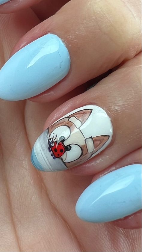 Bluey And Bingo Nails, Bluey Nails Ideas, Bluey Nail Design, Bluey Nails Cartoon, Bluey Nail Ideas, Holiday Gel Nail Ideas, Bingo From Bluey, Cartoon Nail Designs, Character Nails