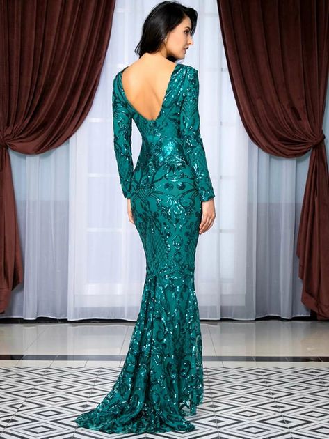 Formal Long Dresses, Sequin Mermaid Dress, Dresses Open Back, Floor Length Dress, Sequin Maxi, Sequin Maxi Dress, Green Sequins, Round Neck Dresses, Floor Length Dresses