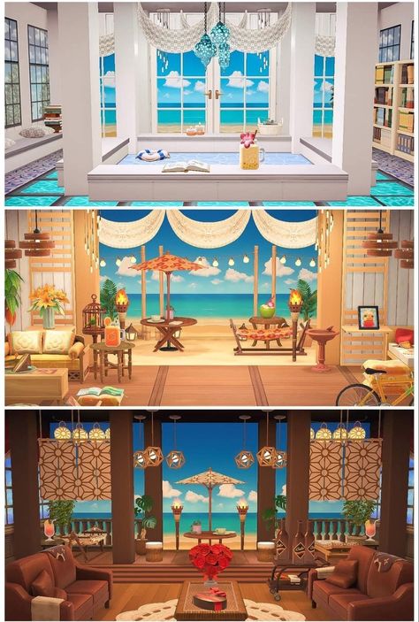 Acnh Beach House Ideas Interior, Animal Crossing Beach Room Ideas, Acnh Summer House Interior, Animal Crossing Vacation Home Ideas, A Soothing Spa Site Acnh, Acnh Townhouse, Animal Crossing Hotel Ideas, Animal Crossing Resort, Acnh Resort Ideas