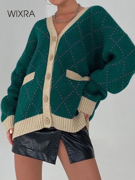 Cheap Cardigans, Buy Quality Women's Clothing Directly from China Suppliers:Wixra Women Single Breasted Argyle Long Sleeve Cardigan Autumn Winter Stylish Green Knitwear Pockets Sweater Enjoy ✓Free Shipping Worldwide! ✓Limited Time Sale ✓Easy Return. Oversized Knit Cardigan, Y2k Sweater, Pocket Sweater, Knitting Women Cardigan, Black Houndstooth, Oversize Women, Button Sweater, Casual Cardigans, Button Cardigan