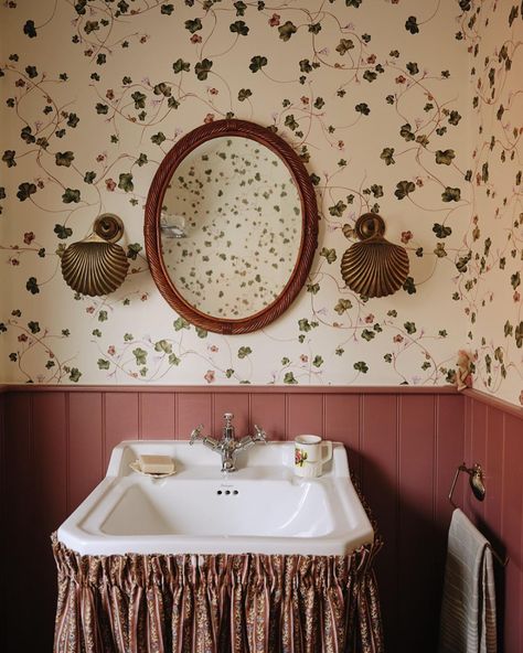 Louise Roe Home (@louiseroehome) • Instagram photos and videos Maroon Bathroom, Burlington Bathroom, Front Roe, Sink Skirt, Downstairs Loo, Louise Roe, Rooms Reveal, Antique Frames, Farmhouse Furniture