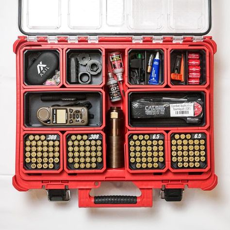 Male Essentials, Milwaukee Packout Ideas, Milwaukee Tool Box Ideas, 350 Legend, Milwaukee Tool Box, 338 Lapua, Reloading Room, Gear Room, Milwaukee Packout