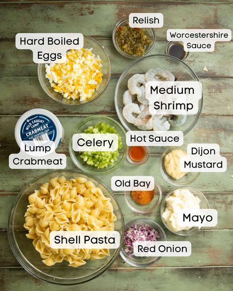 Seafood Pasta Salad - Britney Breaks Bread Pasta Crab Salad Recipe Easy, Crab Recipes Healthy, Dish With Shrimp, Crab Meat Salad Recipe, Seafood Pasta Salad, Seafood Pasta Salad Recipe, Crab Meat Salad, Crab Pasta Salad, Shrimp Pasta Salad