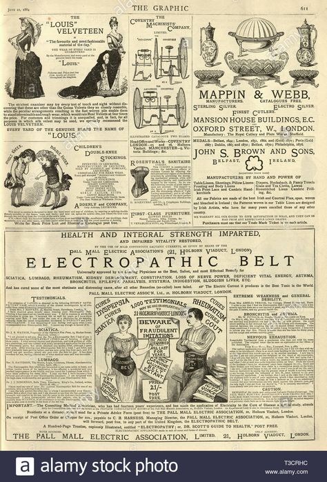 Page of victorian adverts from the Graphic Illustrated Newspaper, 1884, 19th Century. Electropathic belt Stock Photo 19th Century Advertising, Victorian Newspaper Aesthetic, 19th Century Newspaper, 19th Century Poster, Victorian Newspaper Illustration, 19th Century Graphic Design, 1800s Newspaper, Victorian Stationary, Victorian Sketches