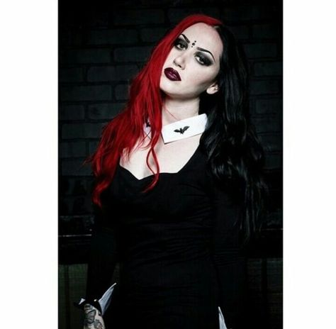 Goth Redhead, New Years Day Band, Red Lipstick Goth Makeup, Metalhead Girl, Ash Costello, Ashley Costello, Goth Babe Music, Satanic Goth Woman, Satanic Goth Woman Photography