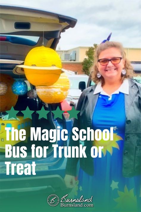 Laura dressed as Ms. Frizzle for Trunk or Treat at Halloween Miss Frizzle Trunk Or Treat, Mrs Frizzle Trunk Or Treat, Diy Magic School Bus Costume, Magic School Bus Trunk Or Treat Ideas, Trunk Or Treat Magic School Bus, Magic School Bus Trunk Or Treat, Mrs Frizzle, Gifted Classroom, Yellow Spray Paint