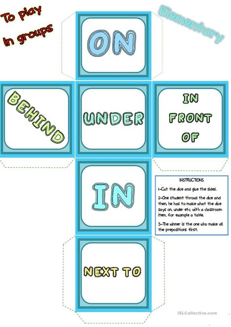 Prepositions of place - words DICE Positional Language, Teaching Prepositions, Preposition Activities, English Prepositions, English Exercises, Esl Activities, English Games, Speaking Activities, English Classroom