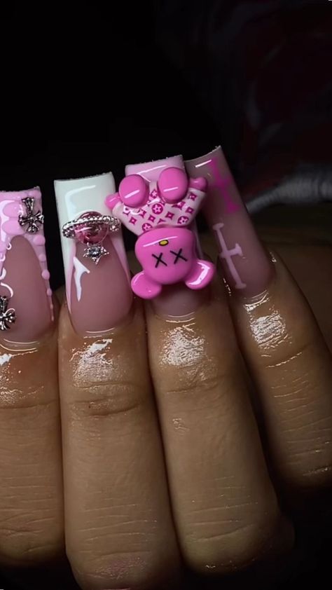 Cute pinks nails Hello Kitty Acrilyc Nails, Valentines Day Nail Set, Cute Pink Nails, Acrylic Nail Set, Hard Nails, Diy Acrylic Nails, Colored Acrylic Nails, French Tip Acrylic Nails, Cute Acrylic Nail Designs