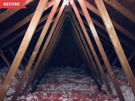 Creepy Attic, Small Attic Spaces, Converted Attic Space, Home Office For Two, Low Ceiling Attic, Small Attic Room, Functional Home Office, Office For Two, Attic Makeover