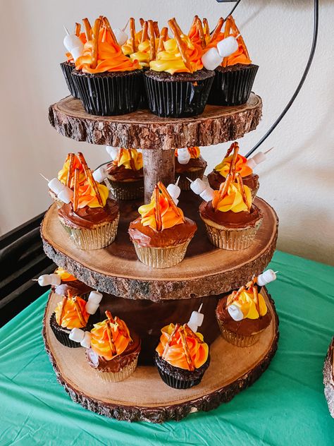 Campfire Cake Ideas, Happy Camper Cupcakes, One Happy Camper Theme, One Happy Camper First Birthday Cake, 1 Happy Camper Birthday, One Happy Camper First Birthday Decor, First Birthday Camping Theme, One Happy Camper First Birthday, Camper Cakes