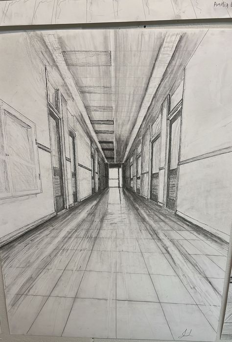 Selected by Jaiden and Drew as the best on the wall. 1 Point Perspective Hallway, Linear Perspective Art, Linear Perspective Drawing, Linear Perspective, 1 Point Perspective, One Point Perspective, Point Perspective, Perspective Art, Perspective Drawing