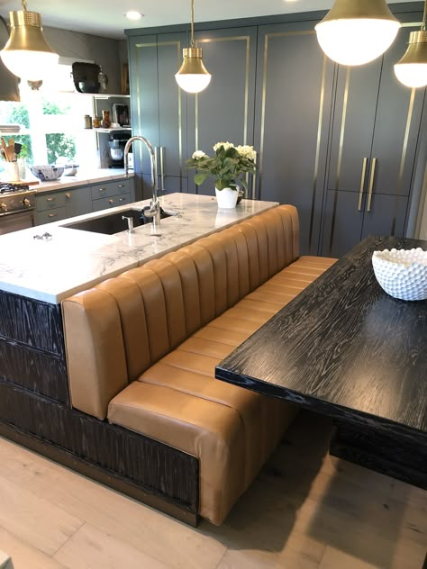 Dining Booth In Kitchen, Booth For Kitchen, Island With Built In Banquette, Back To Back Booth Seating, Home Dining Booth, Diy Leather Banquette, Leather Banquette Seating In Kitchen, Dining Booth Ideas, Kitchen Dining Booth