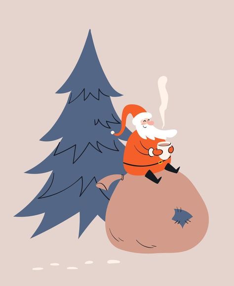 Cartoon santa sits on a huge bag with gifts and drinks a hot drink, hot vapor rises from the mug. Hand-drawn little Santa Claus sits on a sack under a large Christmas tree. Vector stock illustration. Santa Bag Illustration, Santa Claus Illustration, Santa Illustration, Christmas Tree Vector, Illustration Advertisement, Cartoon Santa, Bag Illustration, Cocoa Christmas, Tree Vector