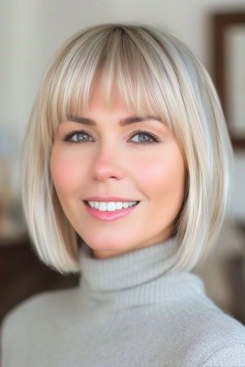 Medium Bob With Wispy Bangs, Fine Hair With Fringe, Textured Bob Hairstyles For Fine Hair, Bob Hairstyles For Straight Fine Hair, Long Bob With Wispy Bangs, Short Straight Hair Pixie, Blonde Bob Hairstyles With Bangs, Bob With Full Bangs, Bob With Fringe Round Face