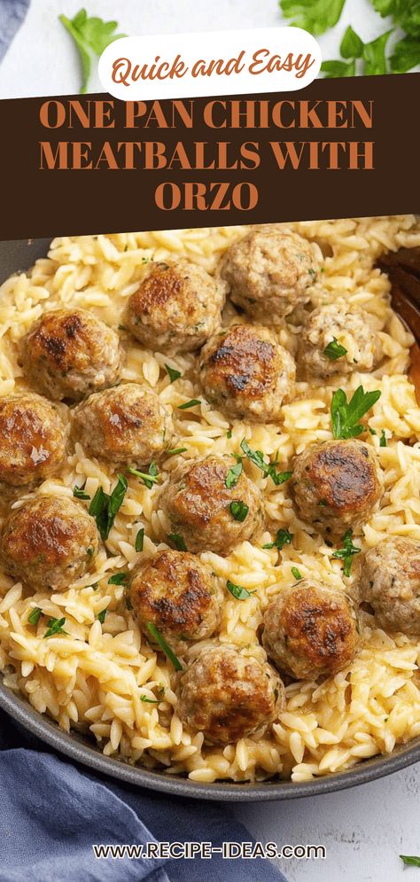 A savory one pan dish featuring chicken meatballs andorzo pasta, showcasing a delicious recipe perfect for easy weeknight dinners, ideal for family meals, made up of simple ingredients. Image highlights the harmony of flavors and simple prep. Chicken Meatballs With Orzo, Meatball Pasta Recipes, Chicken Meatballs Recipe, Orzo Dishes, Orzo Recipe, Recipe For One, Meatball Pasta, Orzo Recipes, Chicken Orzo