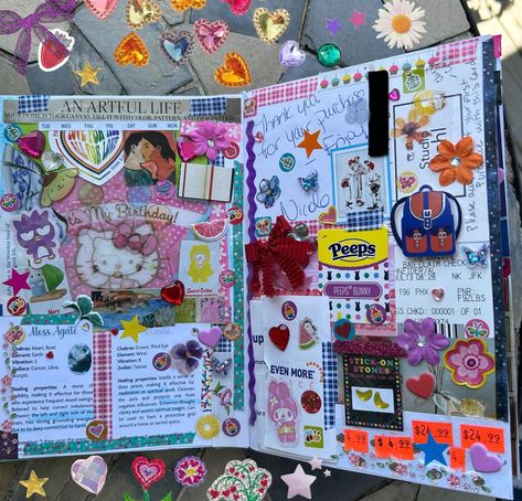 My last spread from early May! My next few pages are from the past week and I got some new stickers and paper to use so I'm excited to show them :) 🌈 #junkjournal #scrapbook #journaling #stickers #collage Collage Page Ideas, Artist Scrapbook, Deco Journal, Sticker Collage, Hard Drawings, Page Scrapbooking, Scrapbook Journaling, Stickers Collage, Journaling Stickers