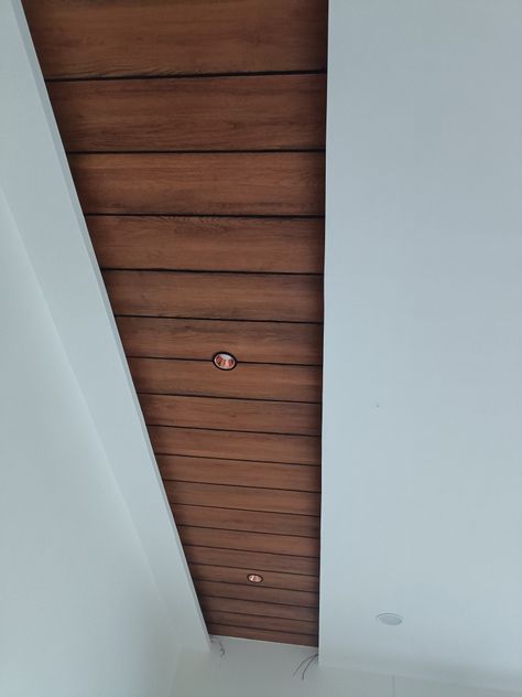 Ceiling Design For Passage Area, Wooden And Gypsum False Ceiling, Vineer Groove Design Ceiling, Wooden Pop Ceiling Design, Celing Roof Design For Bedroom, Veneer Ceiling Design, Acoustic Ceiling Design, Wooden False Ceiling Design, Soffit Ideas