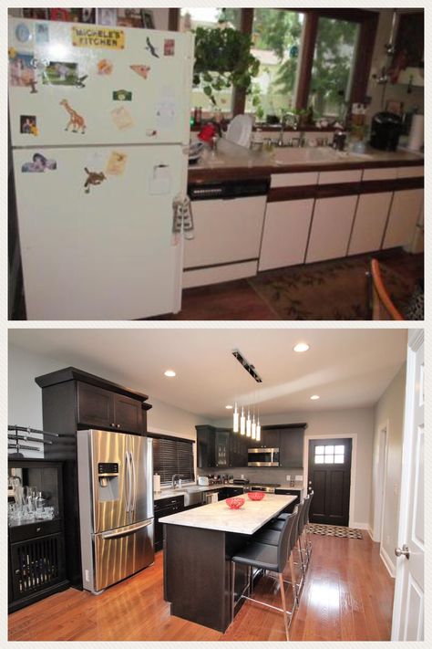 Talk about a transformation! We loved helping our client with this kitchen renovation. It went from definitely dated, to clean and contemporary. Open Concept Kitchen Living Room, After Pictures, Open Concept Kitchen, Before And After Pictures, Room Remodeling, Kitchen Remodel Idea, Kitchen Living Room, White Cabinets, Home Improvement Projects