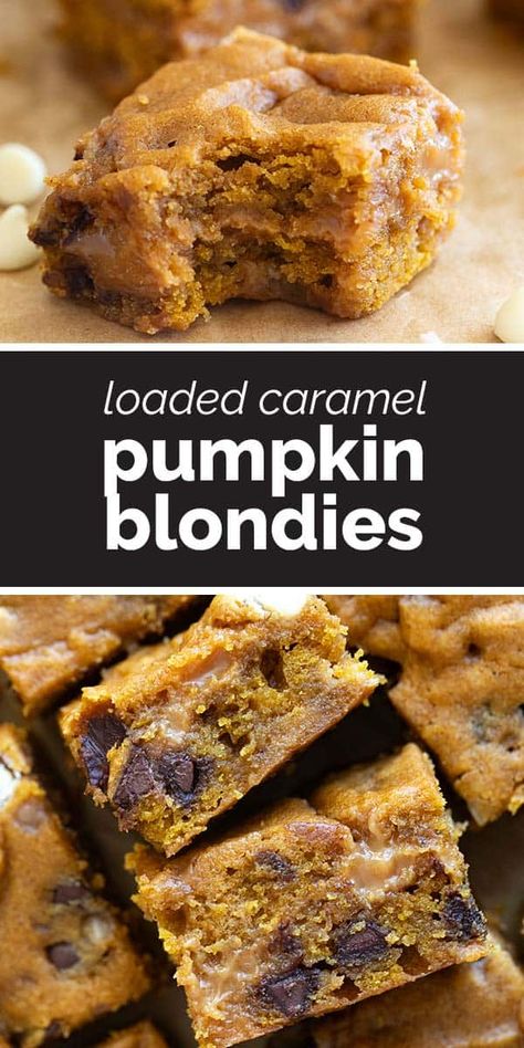 Clean out the cabinets with these Loaded Caramel Pumpkin Blondies – filled with white chocolate chips, semi-sweet chocolate chips, toffee and a caramel layer. Simple Frosting, Pumpkin Pasta Bake, Pumpkin Blondies, Gooey Desserts, Caramel Blondie, Pumpkin Spice Waffles, Caramel Pumpkin, Savory Pumpkin, Moist Cupcakes