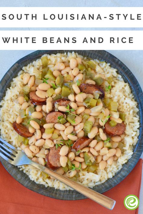 South Louisiana-Style White Beans and Rice | eMeals.com Great Northern Beans And Rice, Rice And White Beans, Great White Northern Bean Recipes, White Beans And Rice Recipes, White Bean Recipes Southern, White Northern Beans Recipes, Northern White Beans Recipes, White Bean And Rice, Fufilling Food