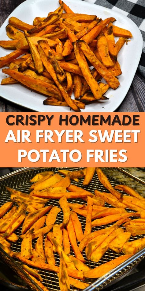 You will love this recipe for Air Fryer Sweet Potato Fries! Crispy on the outside, tender on the inside, and bursting with sweet potato goodness. These fries are perfect as a side dish for burgers or sandwiches, or enjoy them as a wholesome snack. Follow our easy steps for golden perfection and explore a variety of dipping sauces to elevate your fry experience. Click to get the sweet potato fries recipe for your air fryer. Sweet Potato Fries Air Fryer, Homemade Sweet Potato Fries, Air Fryer Sweet Potato Fries, Making Sweet Potato Fries, Frozen Sweet Potato Fries, Freeze Sweet Potatoes, Crispy Sweet Potato Fries, Sweet Potato Recipes Fries, Easy Meals For One