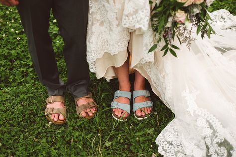 "Hey baby, should we wear our birkenstocks to get married today?" #coolbride and #groom truly living up to their barn wedding vibes! Wedding Dress With Birkenstocks, Birkenstocks Wedding Shoes, White Birkenstocks Wedding, Bride Birkenstocks, Wedding Birkenstocks Bride, Birkenstock Wedding Shoes, Birkenstock Wedding, Wedding Birkenstocks, Dress With Birkenstocks