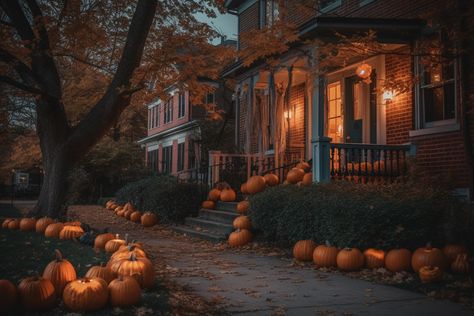 Fall aesthetic, spooky Halloween Aesthetic Landscape, Halloween Small Town Aesthetic, Small Town Halloween Aesthetic, Spooky Autumn Aesthetic, College Fall Aesthetic, Fall Neighborhood, Fall Aesthetic Spooky, Spooky Spring, Nostalgic Halloween