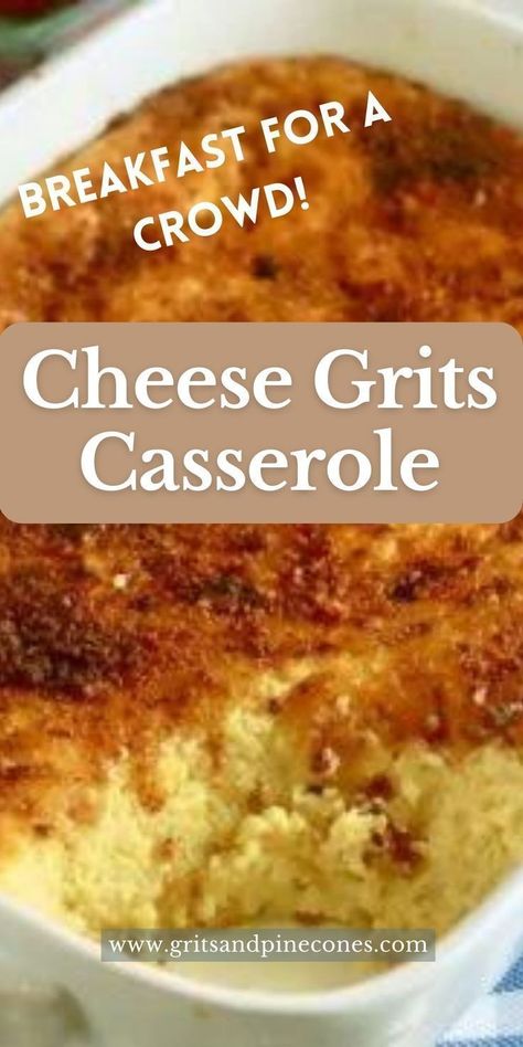 Cheese grits casserole is a comfort food dish that you have to try! This Southern recipe is creamy and super cheesy. Grits are cooked with garlicky butter, melted cheddar, and parmesan cheeses and then baked to perfection. This make-ahead dish is not only perfect for serving at an elegant brunch, but it's also great for breakfast when you have guests over. Grits Casserole Breakfast, Grit Cakes Recipe, Grits Breakfast Casserole, Southern Cheese Grits, Cheese Grits Casserole, Cheese Grits Recipe, Elegant Brunch, Grit Cakes, Casserole Breakfast