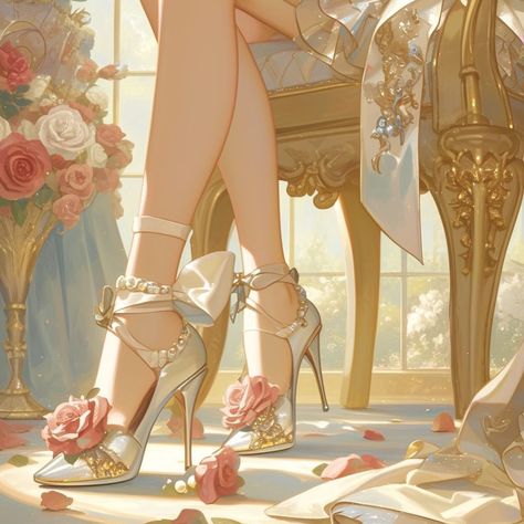 Manhwa Heels, Pink High Heels Outfit, Anime Heels, Manhwa Shoes, Manhwa Background, Aesthetic Illustrations, Fantasy Oc, Princess Fantasy, High Heels Outfit